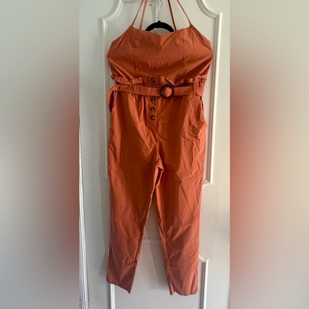 High-Waist Rust Paperbag Jumpsuit with Belt